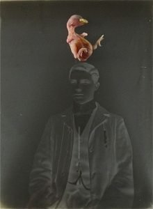 Artwork by Kathleen Fox depicting a duck above the head of the photographic negative of a portrait of a man.