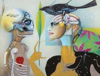A surrealist image containing 2 figures: a skeleton, facing an android woman with a bird on her head.