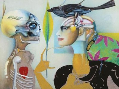 A surrealist image containing 2 figures: a skeleton, facing an android woman with a bird on her head.