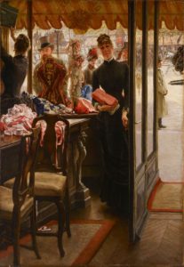 Oil painting of a young woman standing inside a shop selling ribbons and dresses.