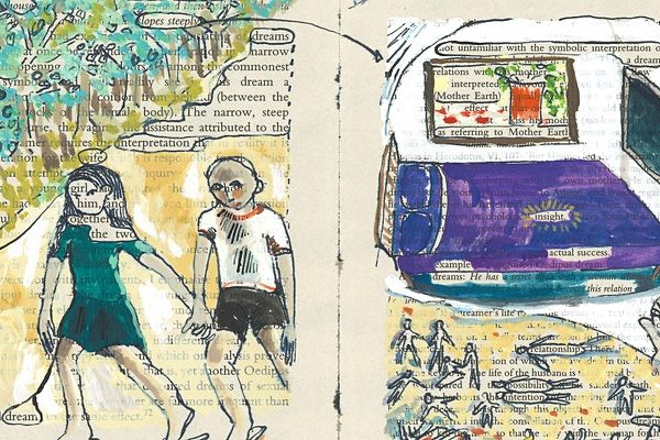 dreamsid, Julia Lockheart, painted dream in book of boy and girl walking, bed.